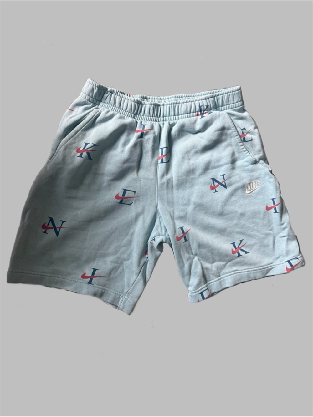 Nike Light Blue Fleece Drawstring Shorts with Swoosh Tag